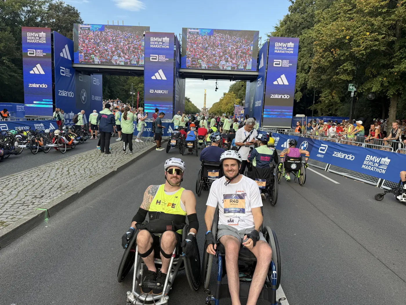 Thomas and a fellow wheelchair racer at the Berlin Marathon start area